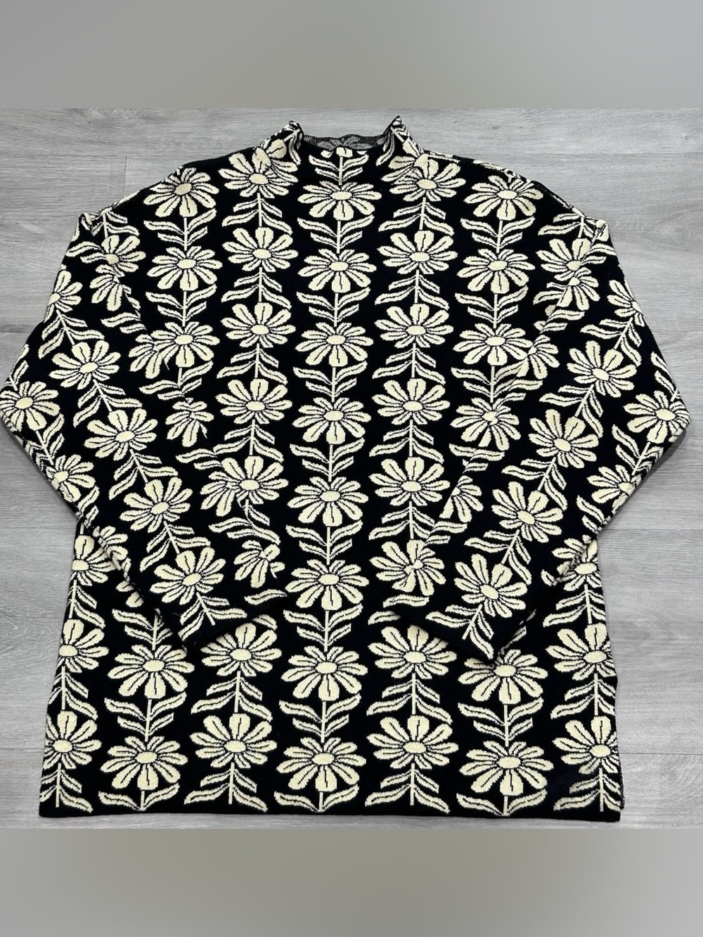 Love By Design Floral Knit Mock Neck Sweater Black Ivory Retro Oversized L/XL
